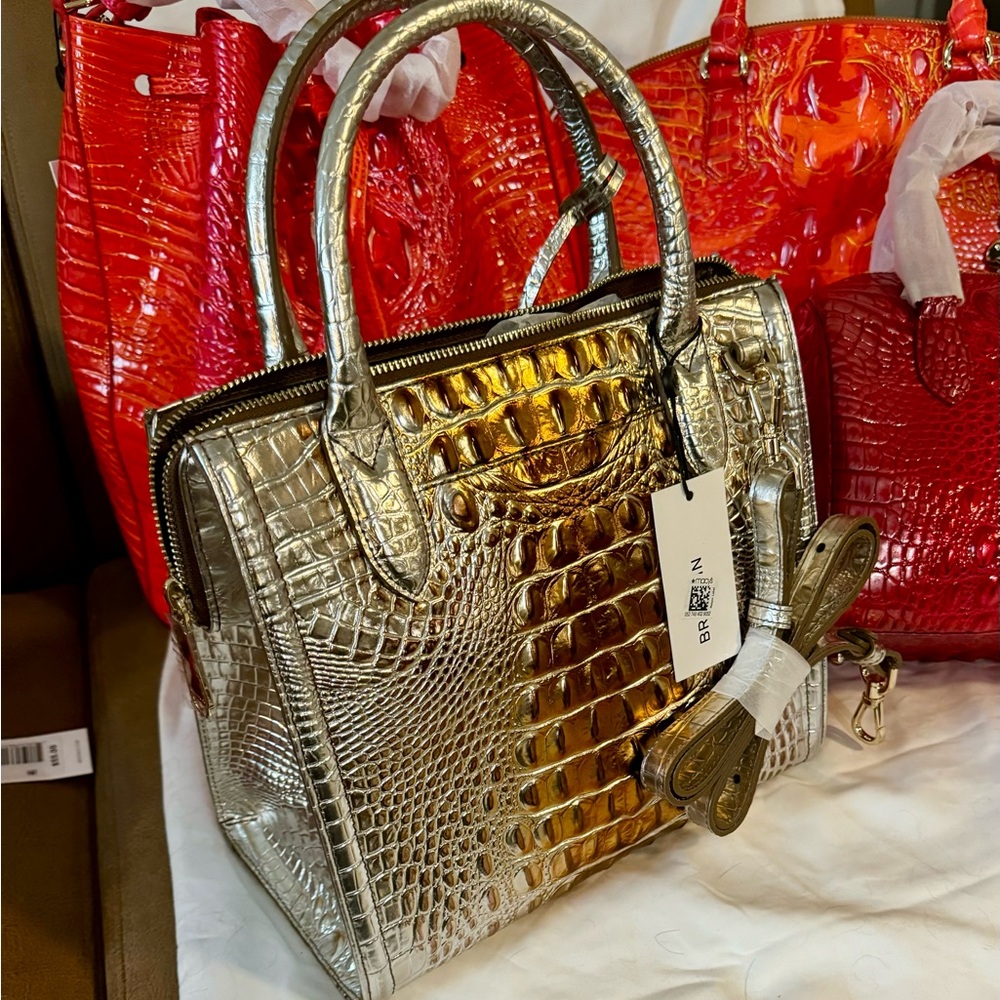 Brahmin Small Caroline Collection Metallic Macchiato Leather Satchel New